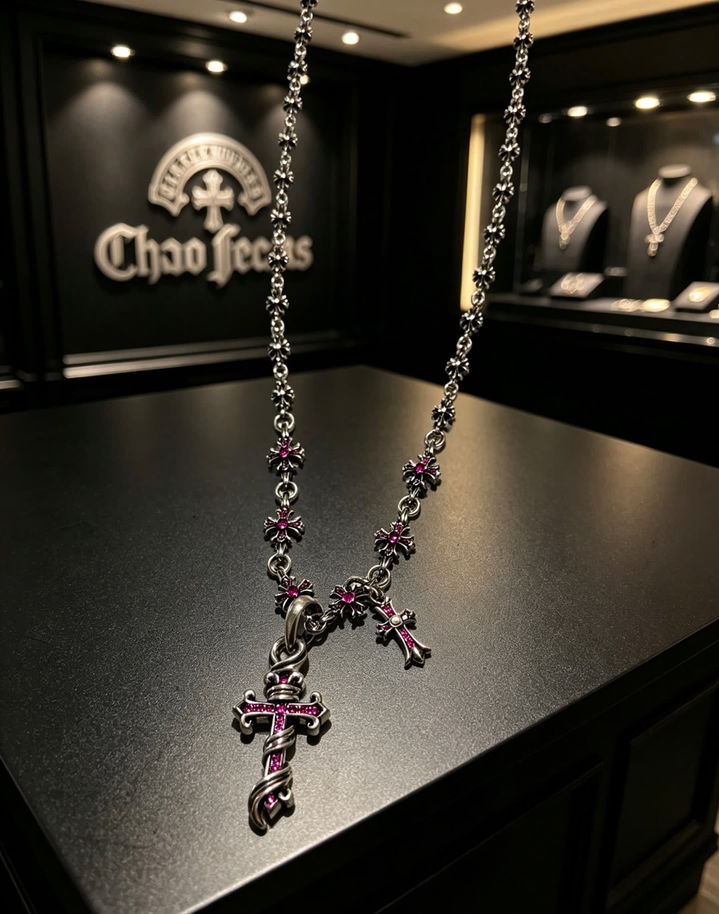 Chrome Hearts Silver Cross Pendant Necklace with Pink Crystals